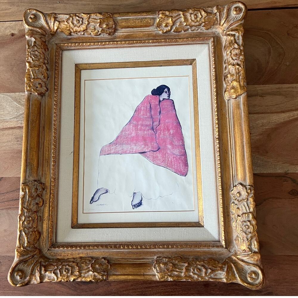 Woman in Red Blanket Art Wall hanging Navajo Vintage Ornate Gold Frame